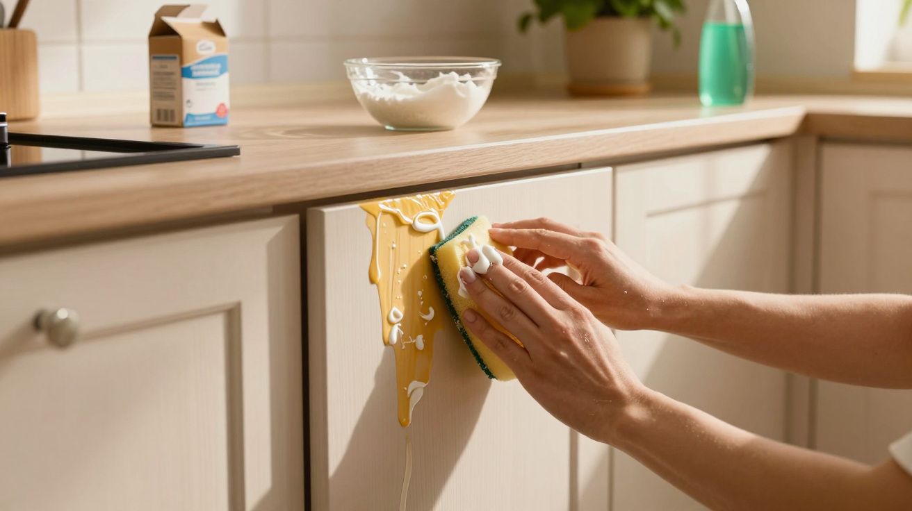 Mãos com esponja a limpar líquido derramado numa porta de armário de cozinha clara.