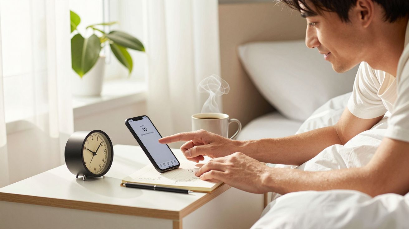 Homem na cama a usar smartphone ao lado de mesa com relógio, caderno, caneta e chá com vapor.
