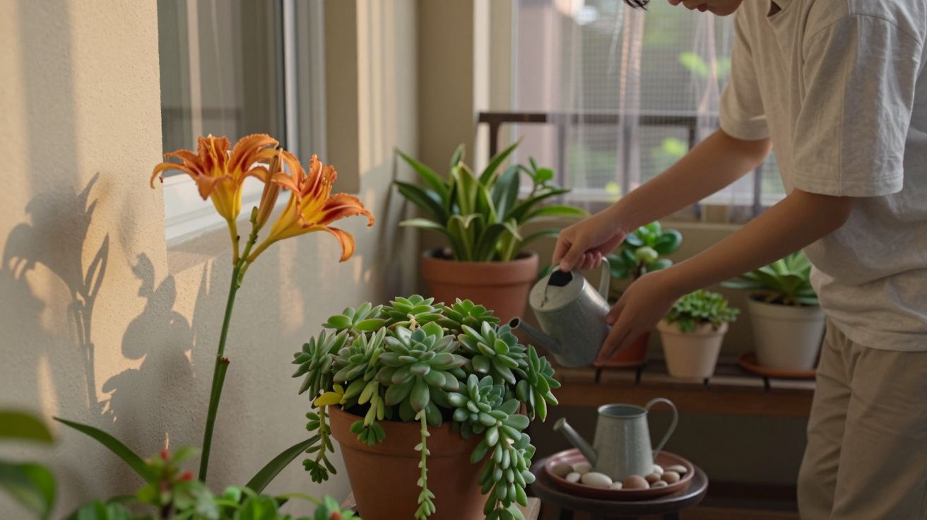 Pessoa a regar plantas suculentas e flores num pequeno jardim interior com luz natural suave.