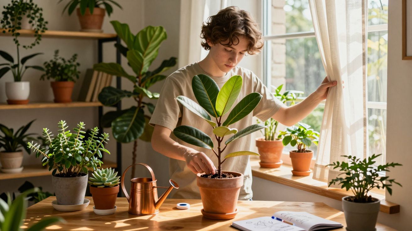 Jovem cuida de planta em vaso num quarto iluminado, com várias plantas e regador na mesa de madeira.