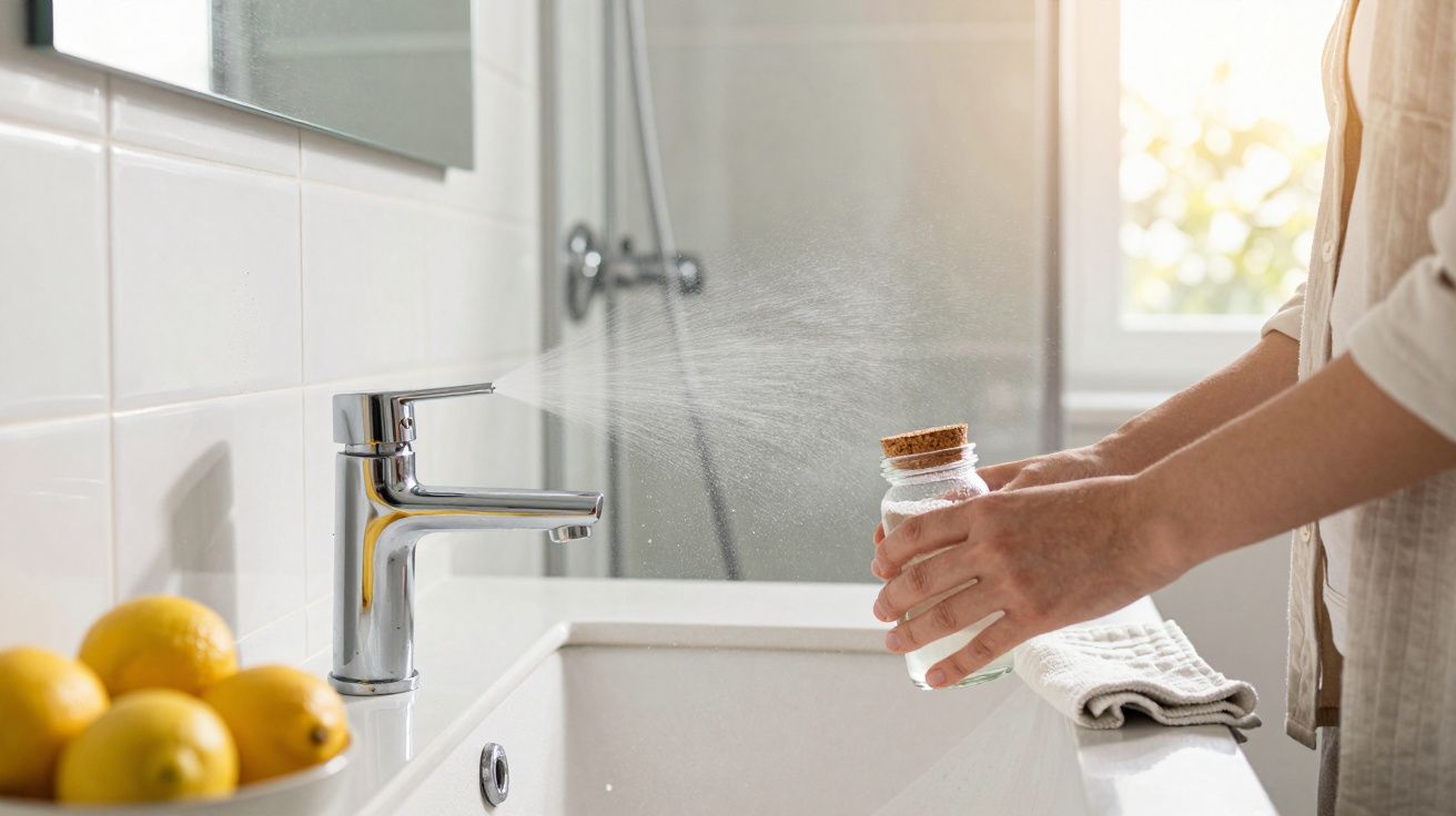 Pessoa pulveriza líquido de frasco de vidro junto a uma torneira numa casa de banho iluminada.