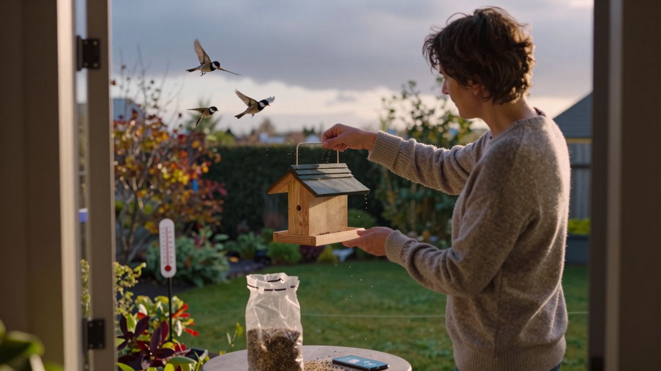 Pessoa a colocar comedouro de aves no jardim com três pássaros a voar perto durante o pôr do sol.