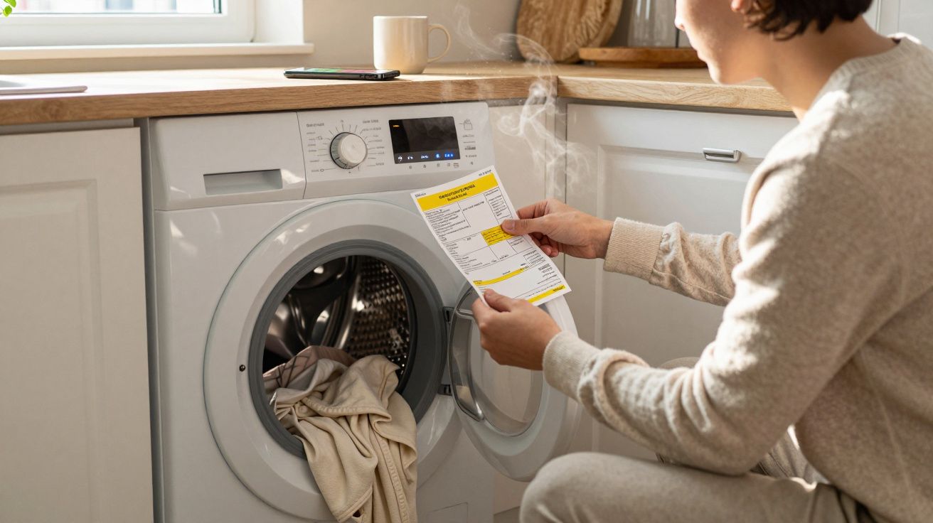 Pessoa a ler instruções junto a uma máquina de lavar roupa com roupa dentro, numa casa com luz natural.