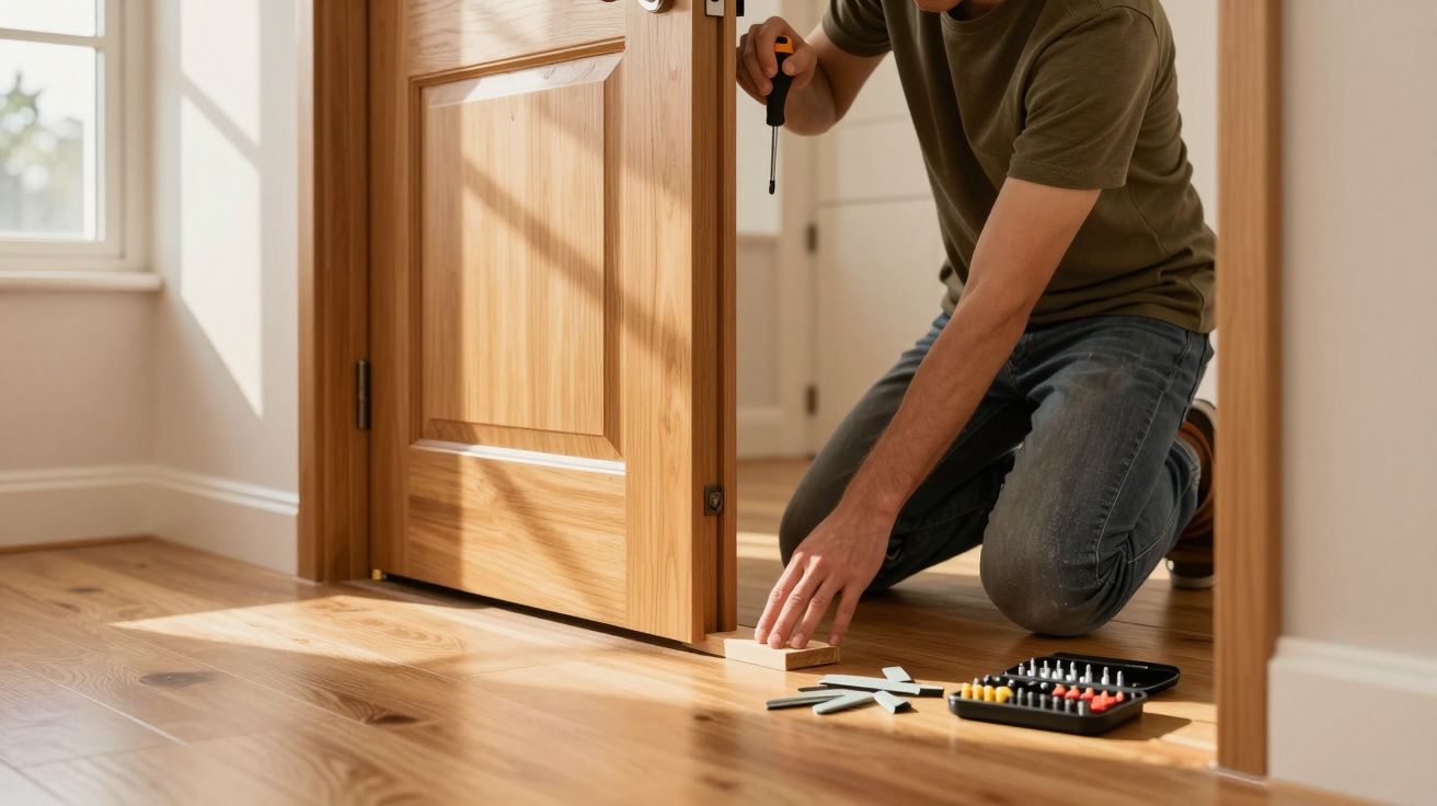 Pessoa a instalar uma porta de madeira clar e a usar ferramentas num chão de madeira polida.