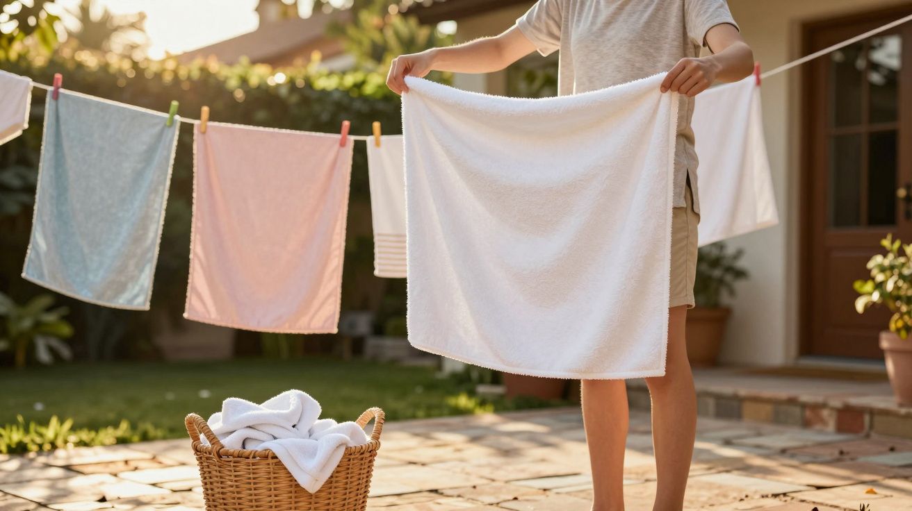 Pessoa estende toalhas coloridas num estendal ao ar livre num dia soalheiro.