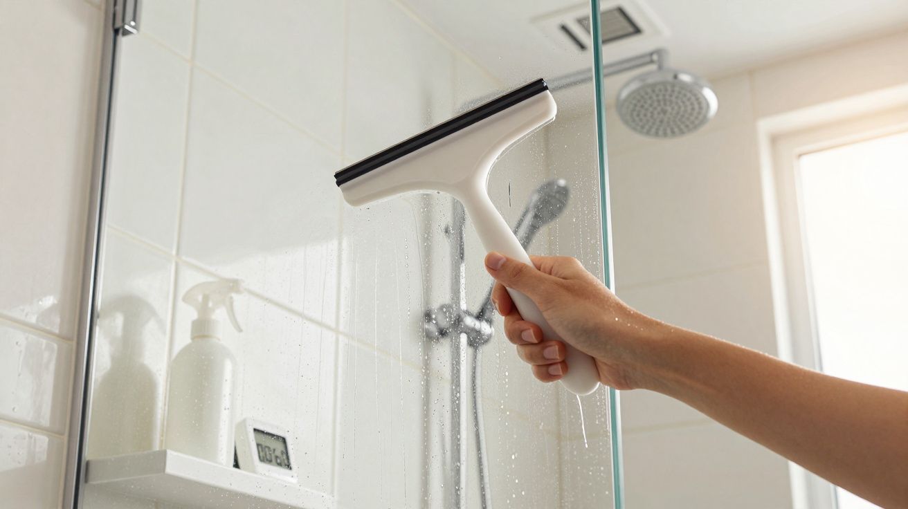 Pessoa a limpar vidro do duche com uma espátula de borracha num banheiro moderno.