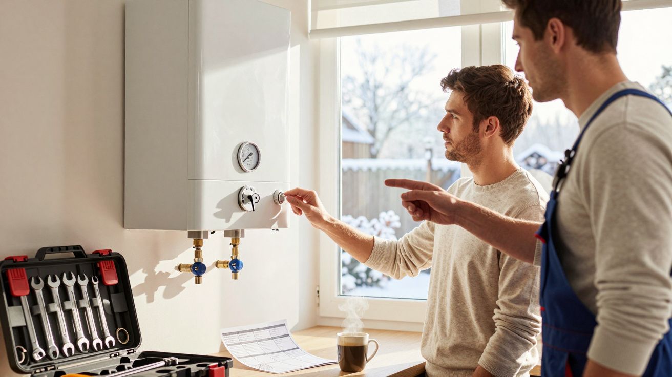 Dois homens a ajustar um aquecedor de água, com uma caixa de ferramentas aberta na mesa ao lado.