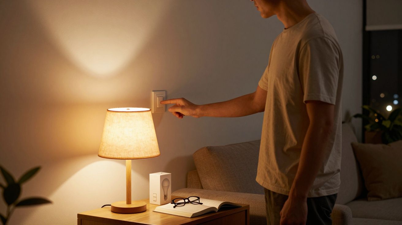 Pessoa a acender a luz ao lado de uma mesa com candeeiro, óculos e livro aberto numa sala.