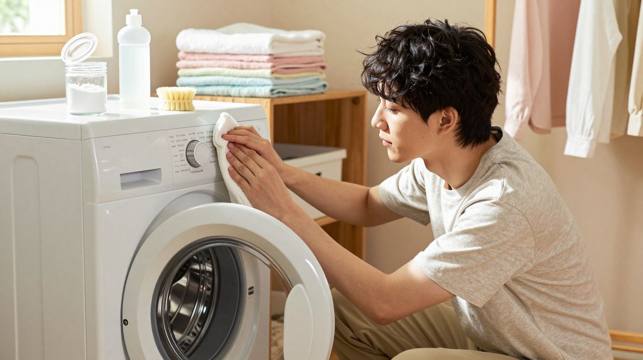 Homem a limpar o painel de um máquina de lavar roupa branca numa lavandaria doméstica iluminada.