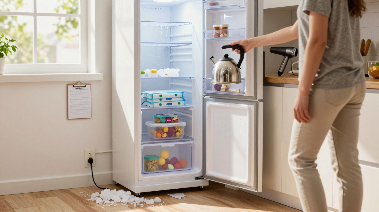 Pessoa a retirar jarro de chaleira de geladeira aberta com gelo partido no chão da cozinha.