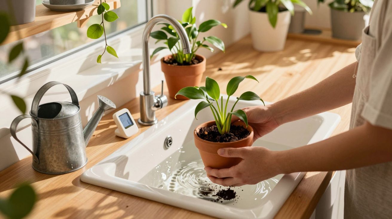 Pessoa a regar planta em vaso de barro numa pia branca numa cozinha com luz natural.