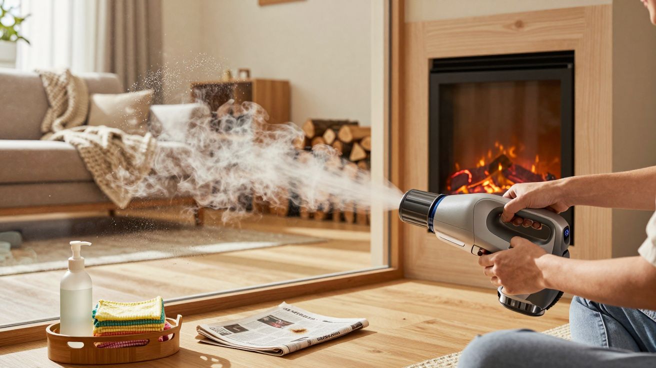 Pessoa a usar pistola de limpeza a vapor numa sala acolhedora com chaminé e sofá.
