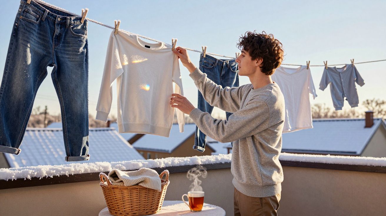 Pessoa jovem a estender roupa numa varanda ensolarada com casas e neve ao fundo.