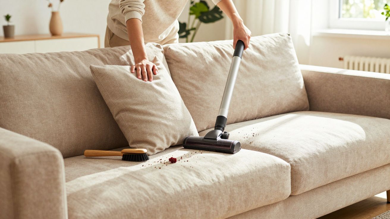 Pessoa a aspirar um sofá bege claro com pó e migalhas visíveis perto de uma pequena escova.