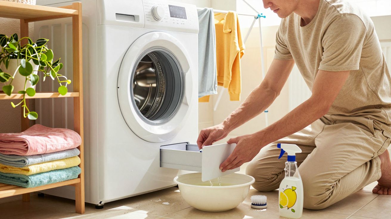 Pessoa a esvaziar o compartimento de amaciador da máquina de lavar roupa para uma bacia no chão da lavandaria.