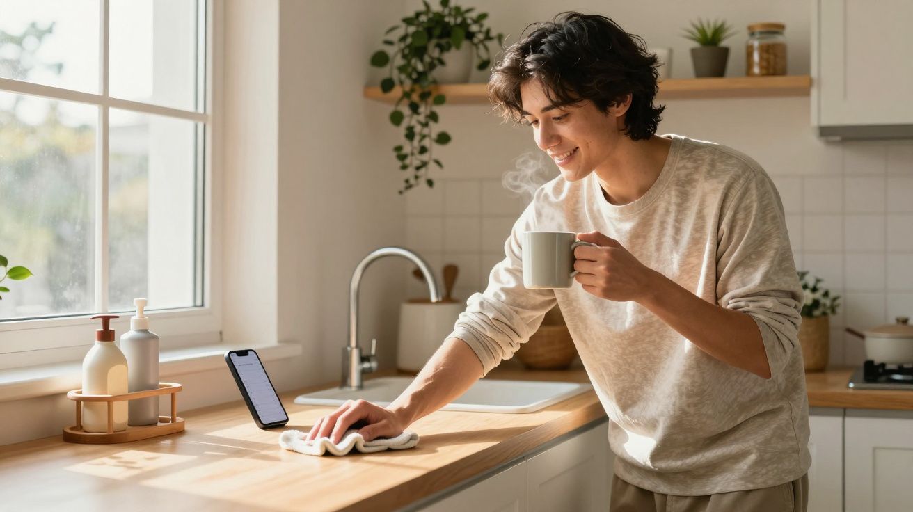 Homem a limpar o balcão de cozinha com um pano, segurando uma caneca fumegante, junto a uma janela ampla.