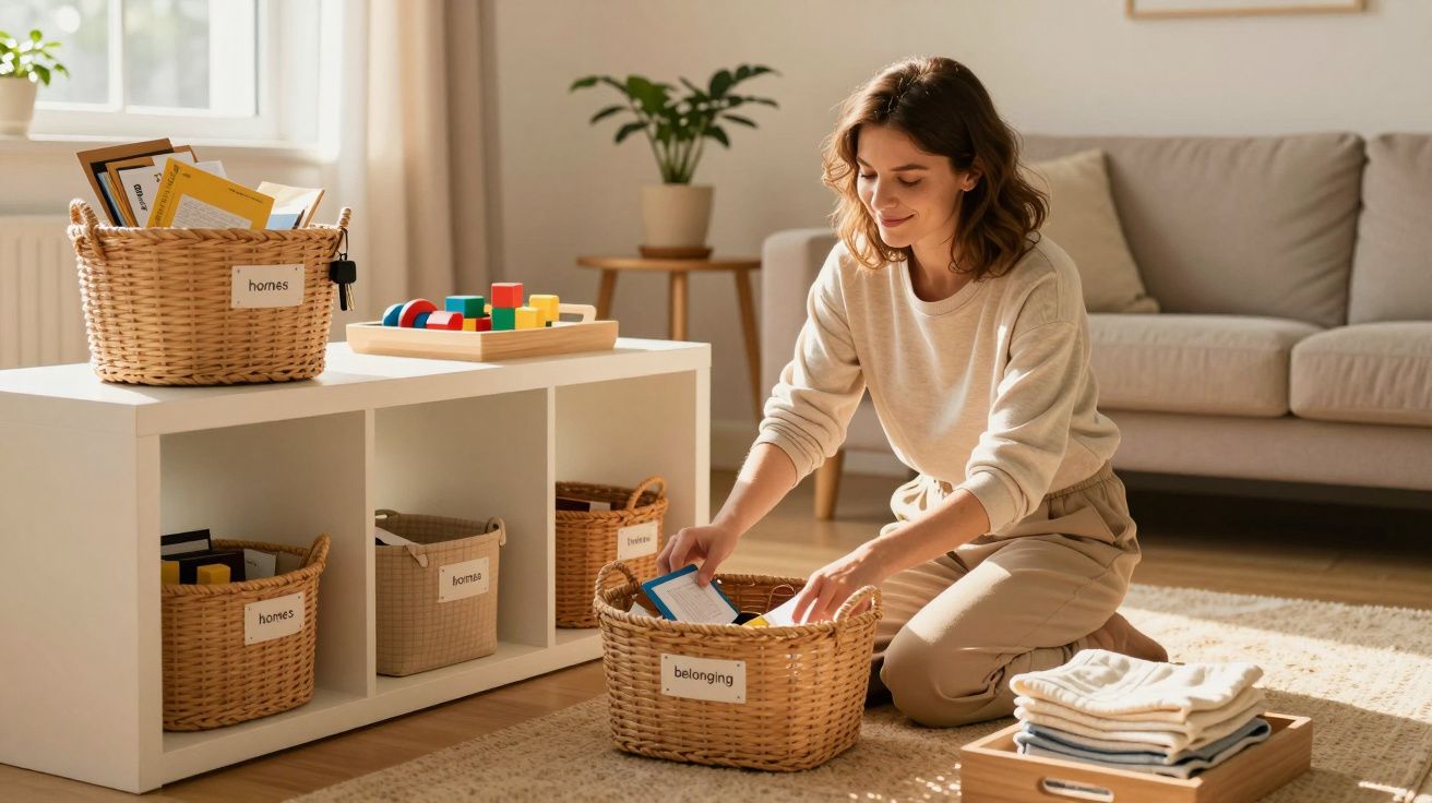 Mulher a organizar objetos em cestos de vime numa sala de estar luminosa e acolhedora.