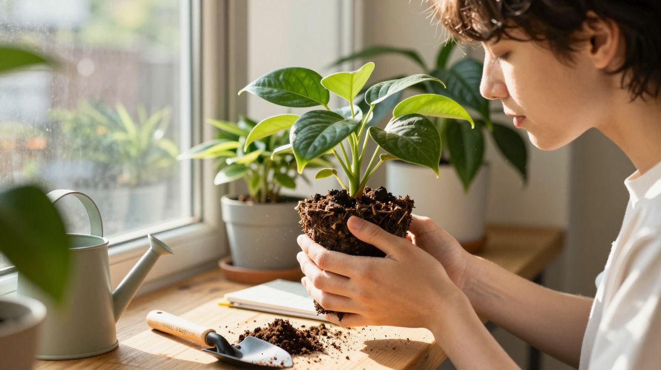 Pessoa a transplantar planta com terra junto a janela, com regador e utensílio de jardinagem numa mesa de madeira.