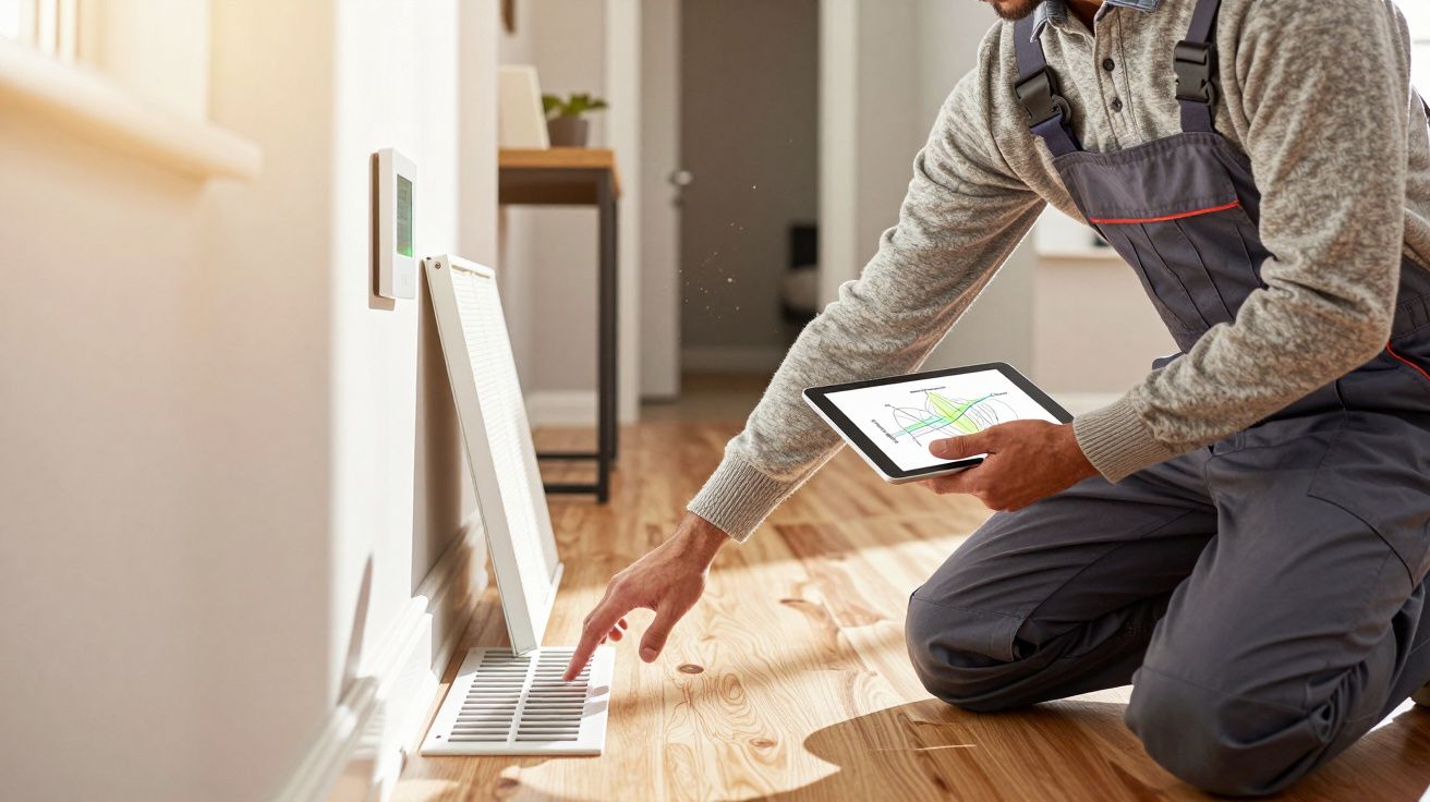 Técnico com tablet a inspecionar e a limpar uma grelha de ventilação no chão de uma divisão iluminada.