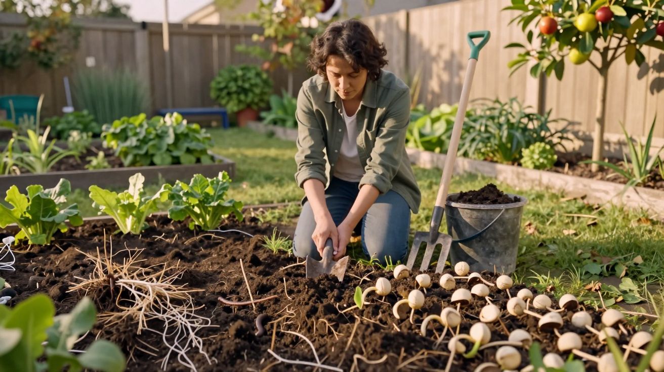 Mulher a plantar sementes num jardim com terra e legumes, ao lado de um garfo de jardim e balde.