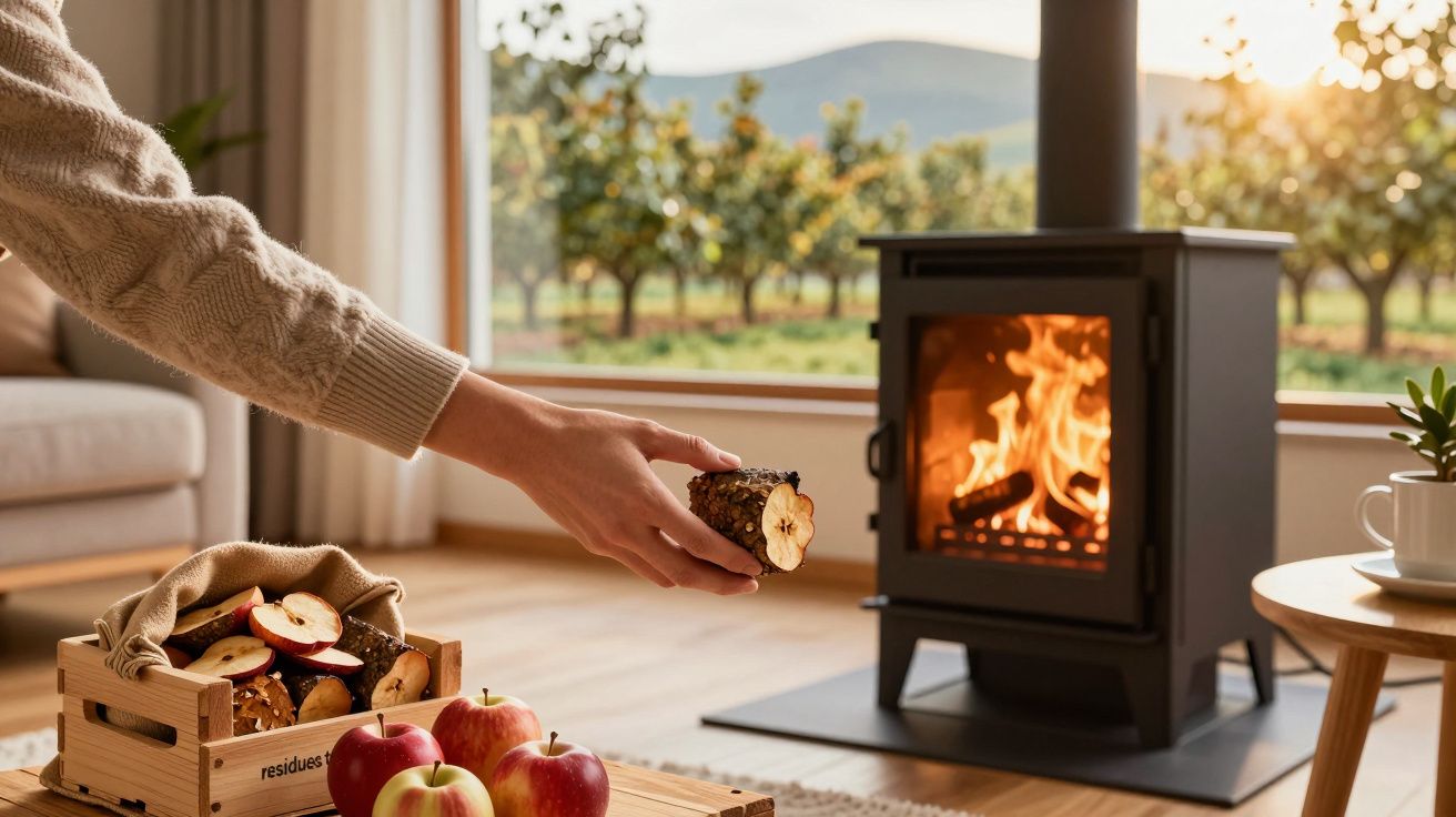 Pessoa com camisola de malha a colocar tronco numa salamandra acesa numa sala com janela grande e maçãs na mesa.
