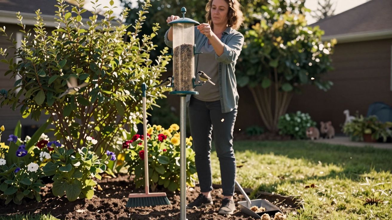 Mulher a colocar comida num comedouro para pássaros num jardim florido ao final da tarde.