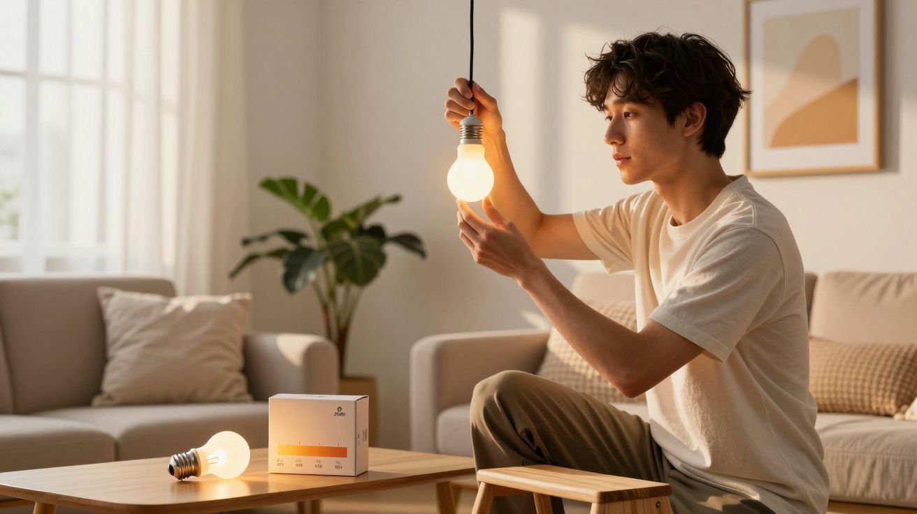 Homem sentado a ligar uma lâmpada de iluminação quente numa sala de estar moderna e acolhedora.