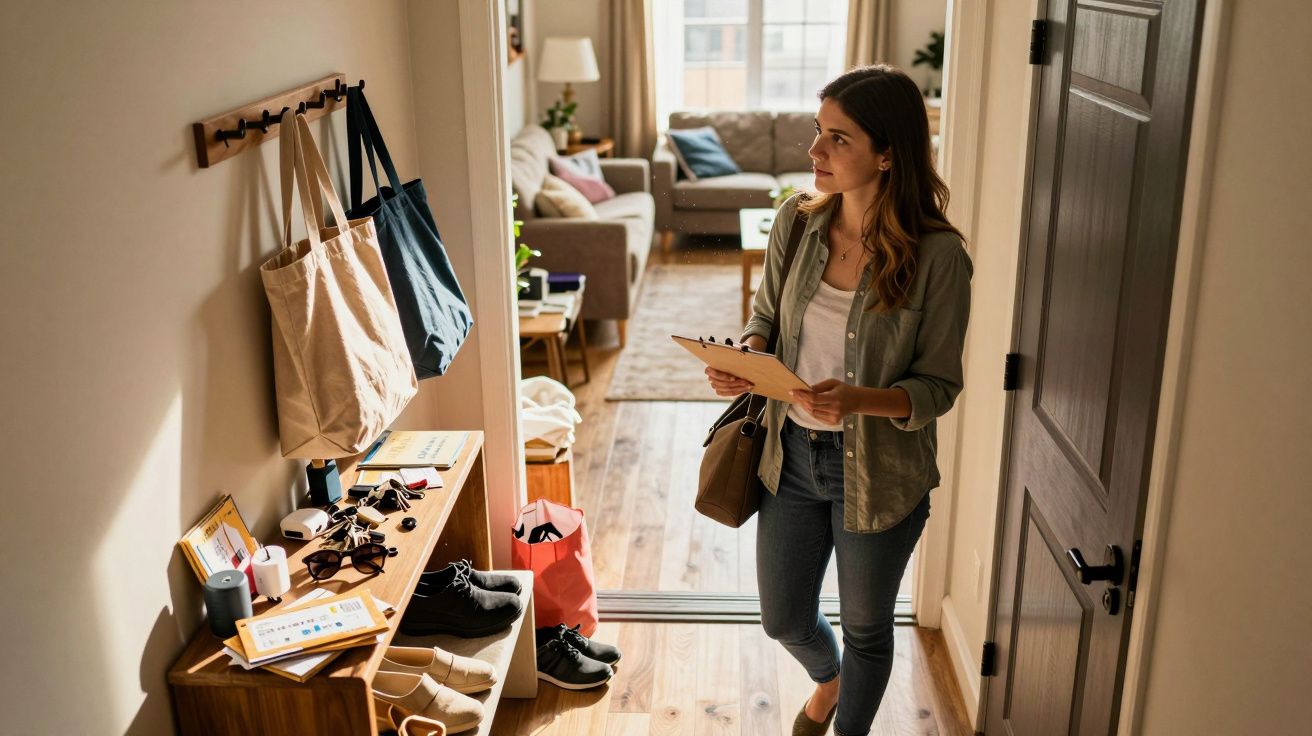 Mulher jovem com prancheta na mão observa porta-chaves numa entrada de casa iluminada.