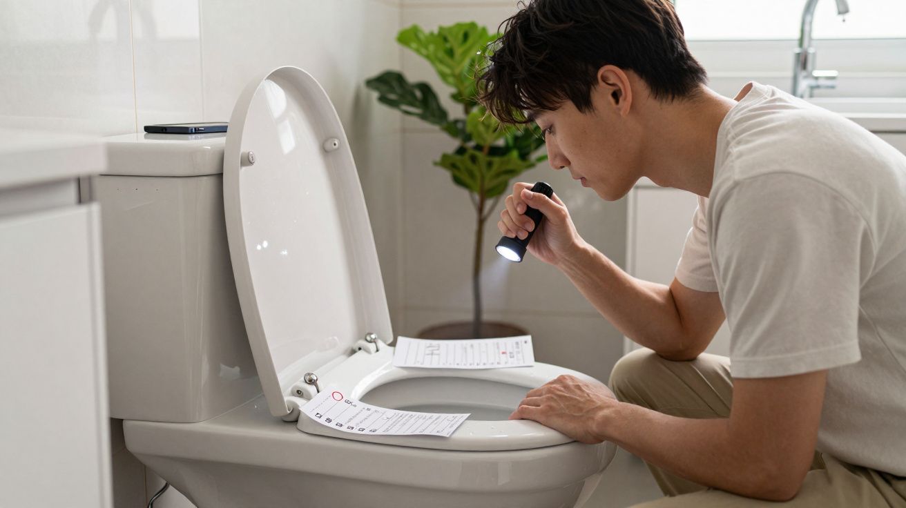 Homem inspeciona o interior de uma sanita com uma lanterna, com papéis colocados na borda da sanita.