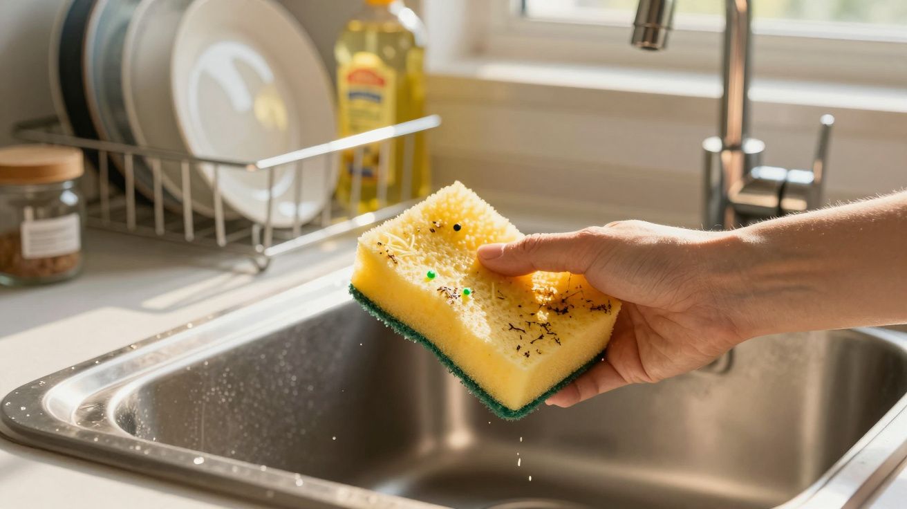 Mão a segurar uma esponja com mota preta suja sobre uma pia de cozinha em luz natural.