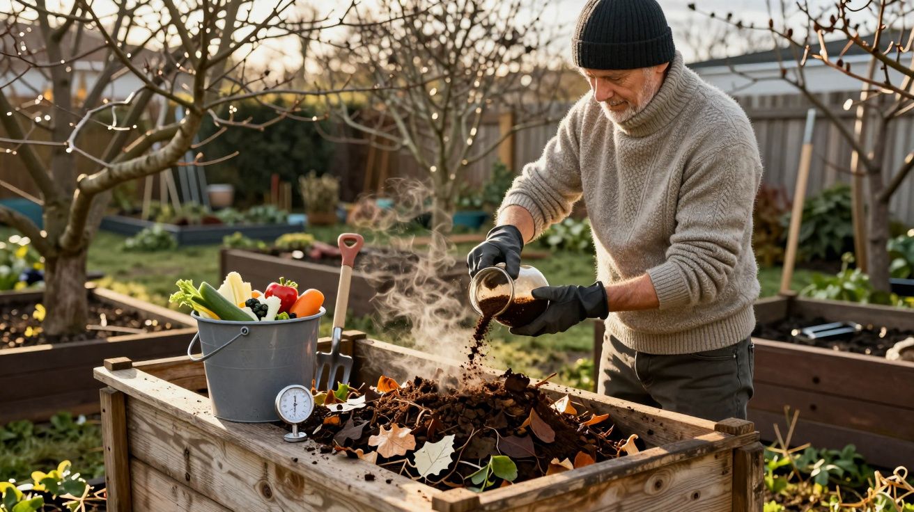 Homem idoso a adicionar terra húmida num compostor de madeira num jardim com luz suave de fim de tarde.