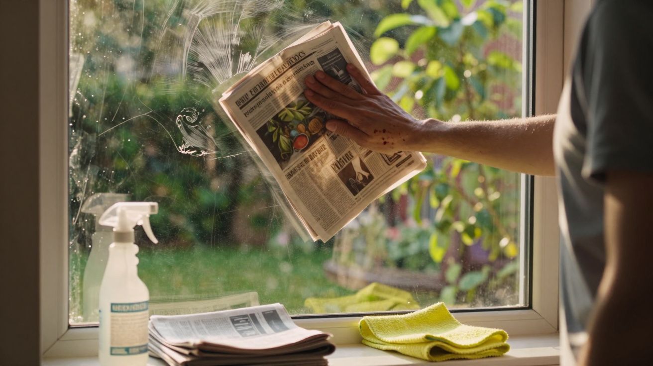 Pessoa a limpar uma janela usando jornal, com spray de limpeza e pano amarelo na superfície.