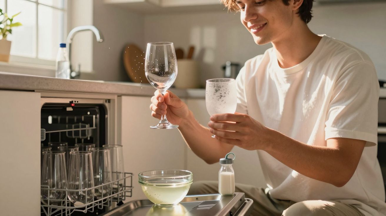 Jovem a secar copos na cozinha, sorrindo, junto a um lava-louças aberto e um tabuleiro com detergente.
