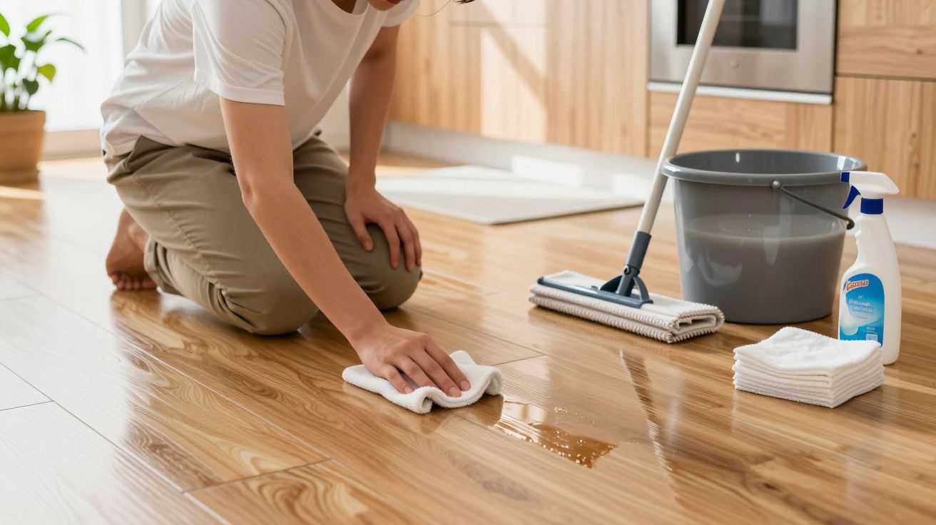Pessoa a limpar chão de madeira com pano, balde, esfregona e produtos de limpeza numa cozinha.