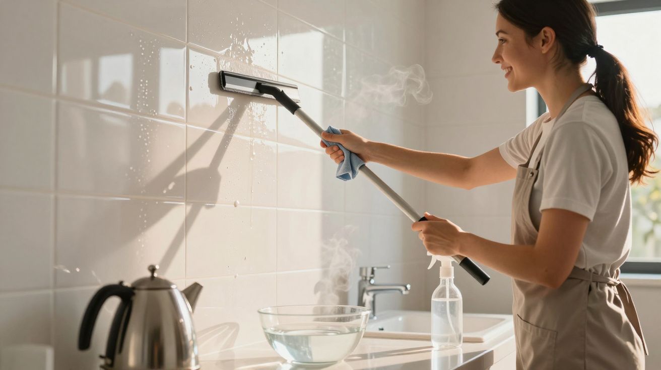 Mulher limpa azulejos da cozinha com esfregona enquanto vapor sai do recipiente de água quente.