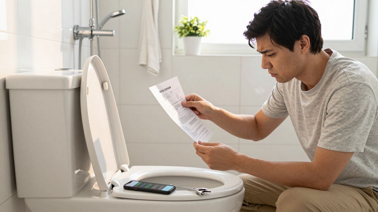 Homem sentado numa casa de banho lendo documento com expressão preocupada, telemóvel no tampo da sanita.