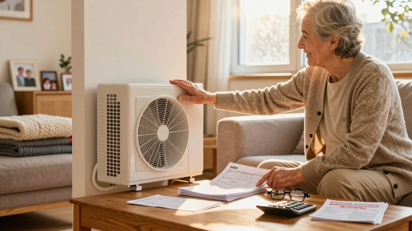 Idosa sentada, sorrindo, ajusta ar condicionado portátil numa sala iluminada, com documentos e calculadora na mesa.