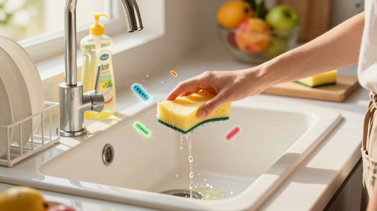 Mão a segurar esfregona amarela molhada sobre lava-loiça branco com ícones gráficos de bactérias coloridas.