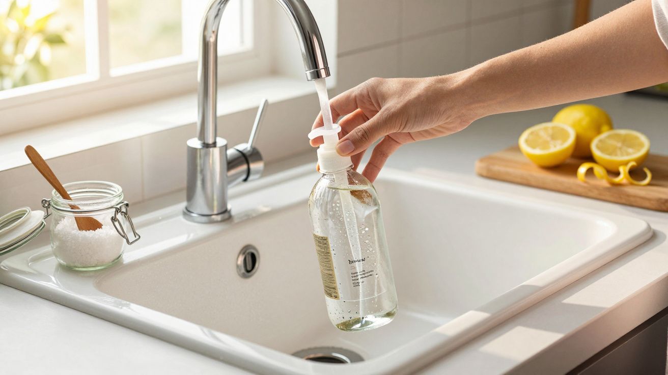 Mão a encher frasco de plástico com líquido através de torneira numa cozinha iluminada.