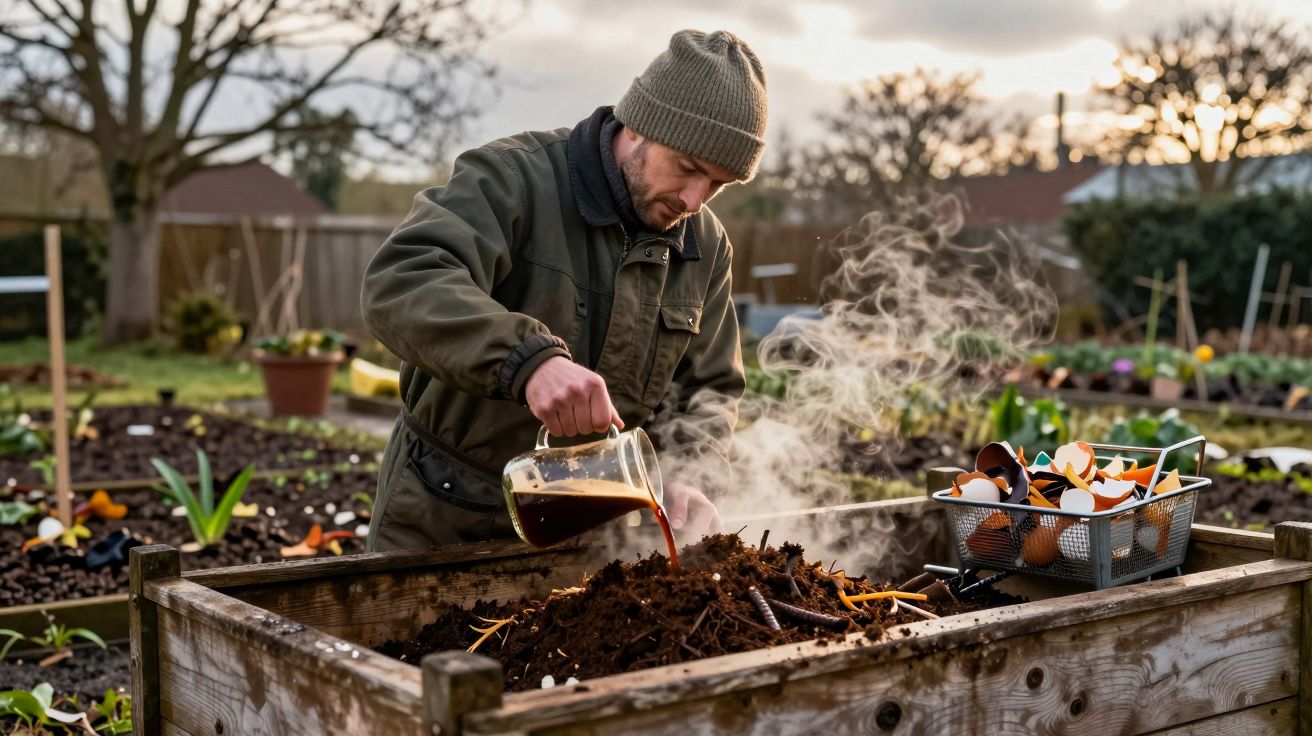 Homem a regar composto em canteiro elevado no jardim, com cascas de ovos e vapor de vapor visível.