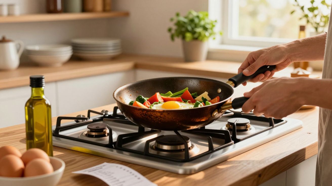 Mãos a cozinhar um ovo estrelado com legumes numa frigideira sobre um fogão a gás numa cozinha moderna.