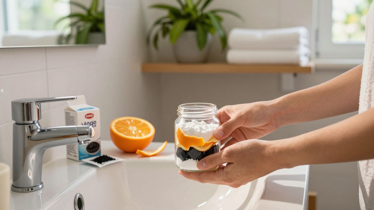 Mãos seguram frasco com mistura de ingredientes caseiros para limpeza ao lado de lavatório e laranja cortada.