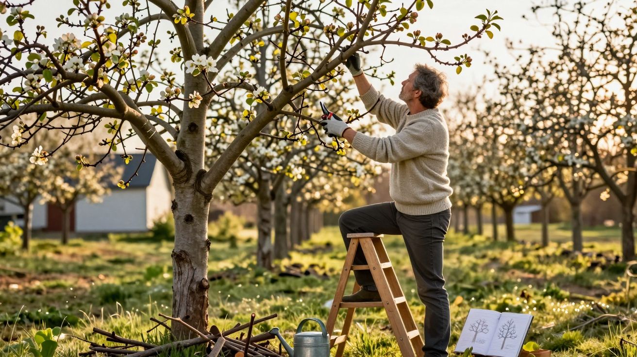 Homem a podar flores numa árvore em pomar durante o pôr do sol, com ferramentas e caderno no chão.