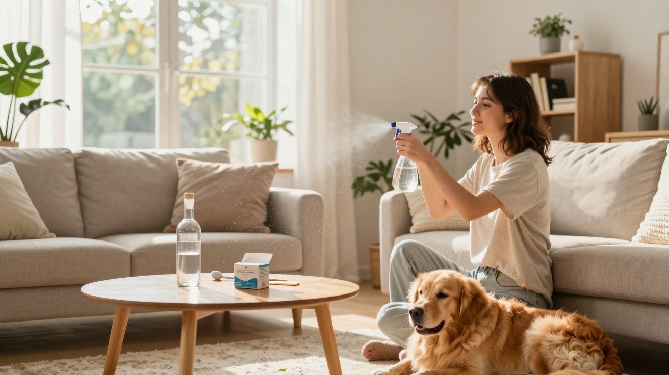 Mulher sentada no chão a borrifar água num cão dourado deitado numa sala iluminada e acolhedora.