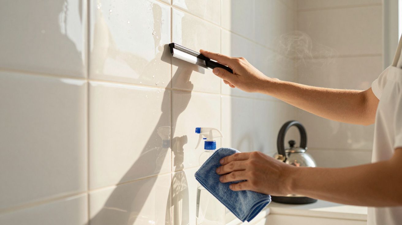 Pessoa a limpar azulejos brancos com rodo e pano azul numa cozinha iluminada.