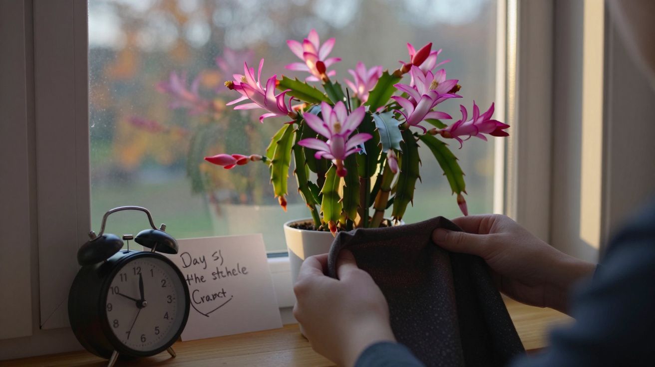 Relógio preto, cartão com mensagem, planta florescendo e mãos a limpar a mesa junto a uma janela.