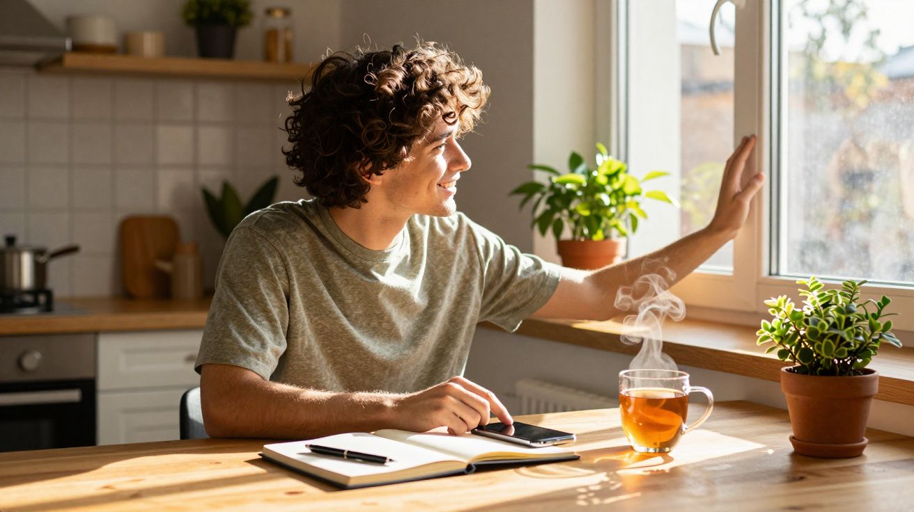 Jovem sentado à mesa na cozinha, a olhar pela janela com chá quente e caderno à sua frente.