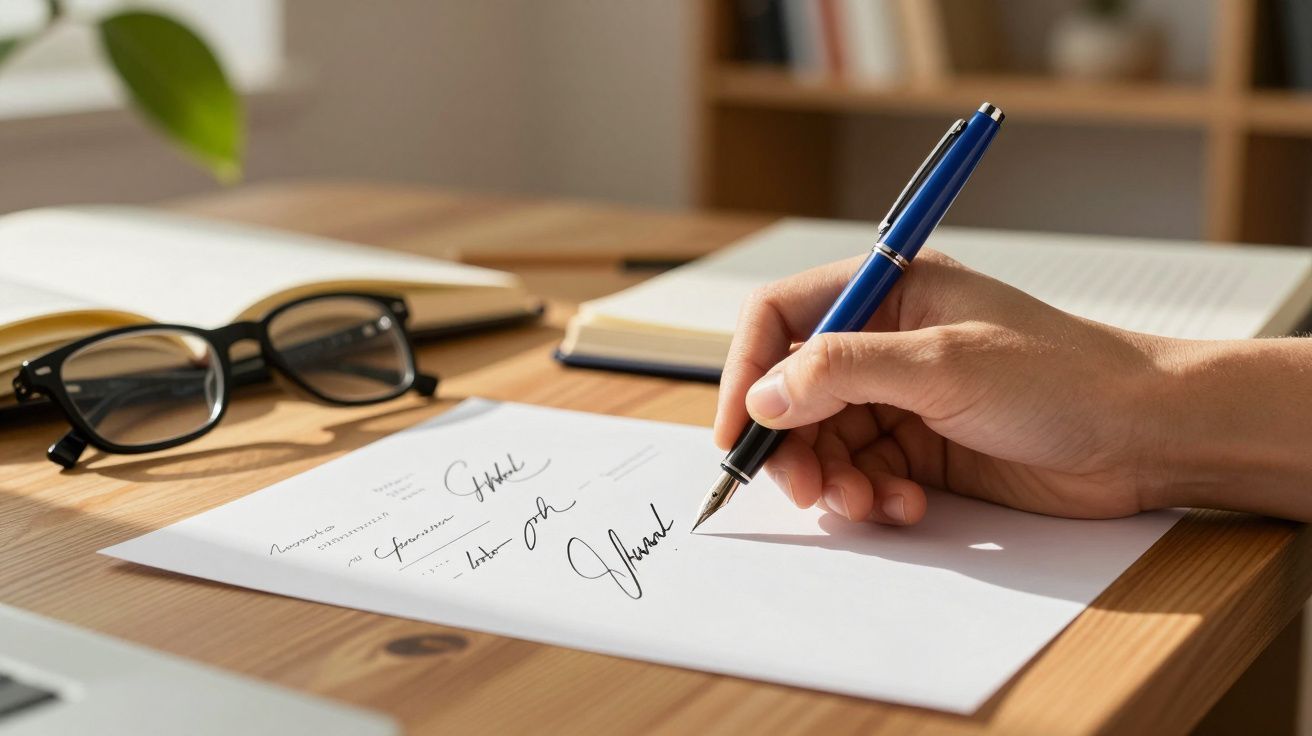 Pessoa a assinar um documento numa mesa com óculos e livros ao fundo.