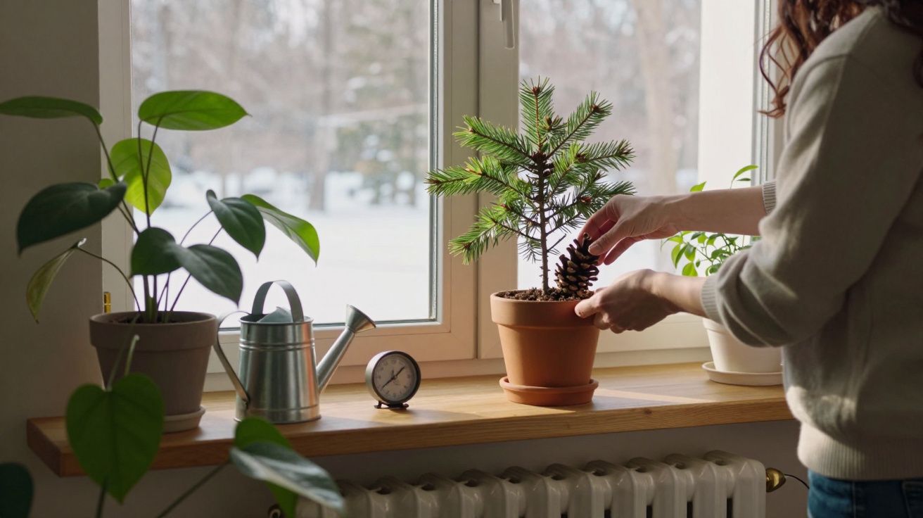 Pessoa a cuidar de planta em vaso numa janela com regador, planta e termómetro na madeira.