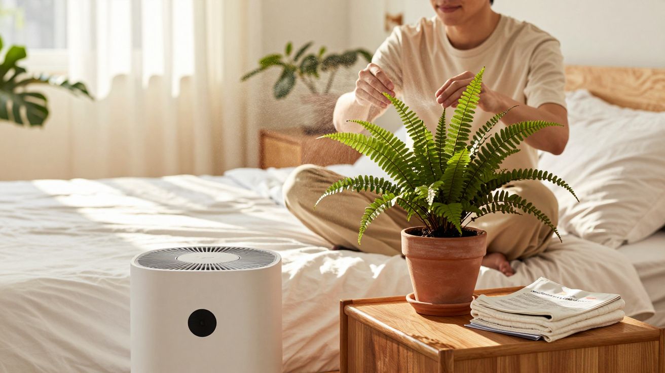 Pessoa sentada na cama a cuidar de uma planta, com purificador de ar e mesa de cabeceira com jornais.